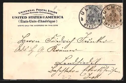 Präge-AK Adler mit Wappen und Briefmarken der Vereinigten Staaten von Amerika