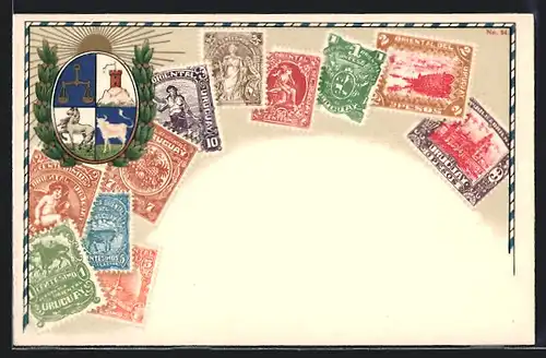 AK Uruguay, Briefmarken und Wappen des Landes