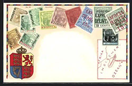 AK Verschiedenwertige Briefmarken und Wappen von Madagaskar