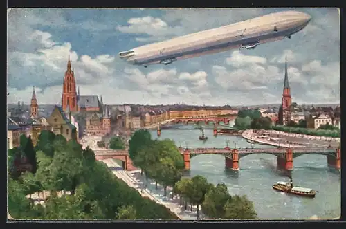 Künstler-AK Frankfurt a. M., Internationale Luftschiffahrt-Ausstellung, Teilansicht mit Zeppelin