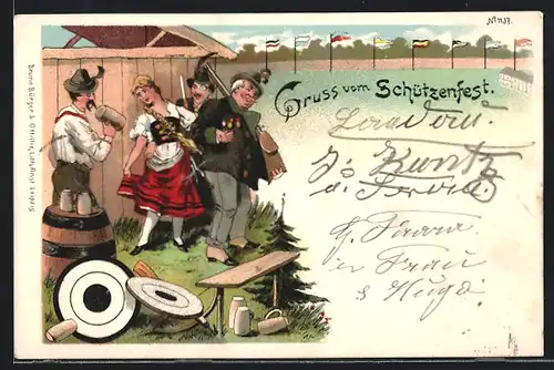 Lithographie Gruss vom Schützenfest, Szene vom Festplatz, Schützenverein