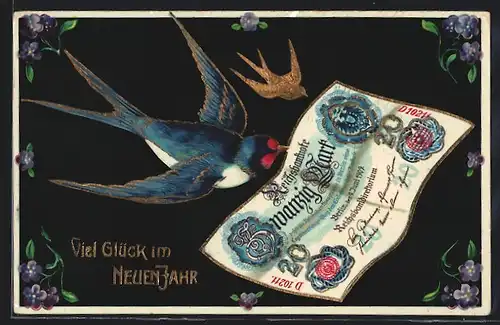 AK Schwalben mit einem Geldschein und Blumen