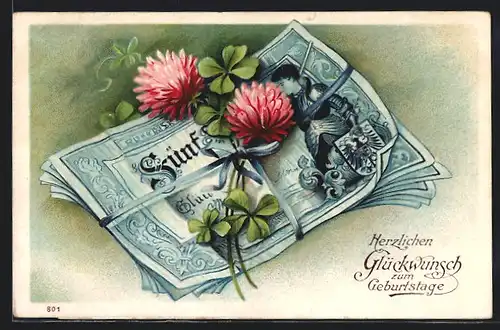 AK Geldbündel und blühender Klee, Glückwunsch zum Geburtstag