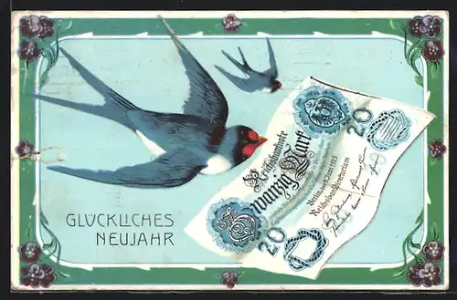 AK Schwalben halten einen Geldschein über Zwanzig Mark im Schnabel, Glückliches Neujahr!