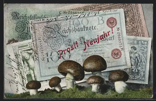 AK Geldscheine und Champignons auf einer Wiese