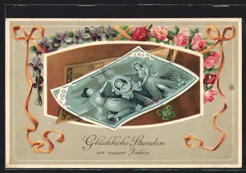 AK Geldschein wird von Blumen und Schleifen eingerahmt, Die besten Wünsche zum Geburtstag!