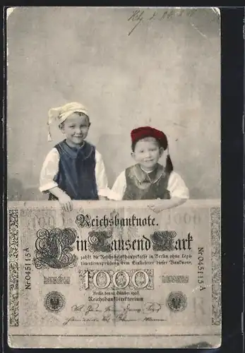 AK Kinder mit grosser Tausend-Mark-Banknote
