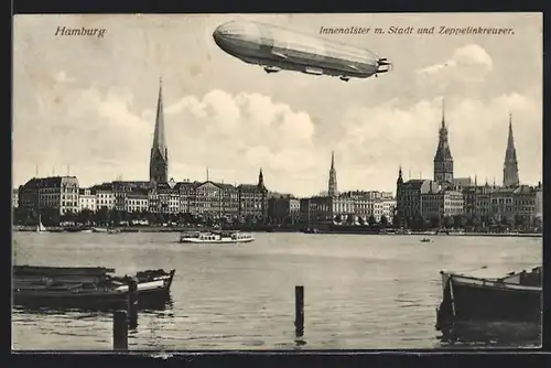 AK Hamburg, Innenalster mit Stadt und Zeppelinkreuzer