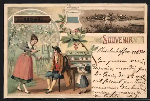 Lithographie Zoug, Kakao Suchard, Ortsansicht, Frau schenkt einem Mann Getränk ein, Wappen