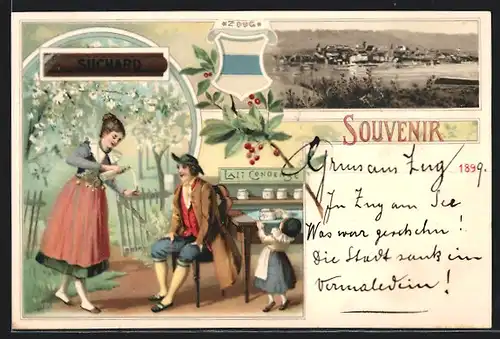 Lithographie Zoug, Kakao Suchard, Ortsansicht, Frau schenkt einem Mann Getränk ein, Wappen