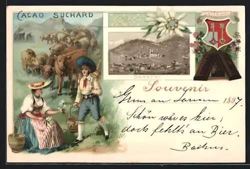 Lithographie Sarnen, Reklame für Cacao Suchard, Ortsansicht, Pärchen, Kühe