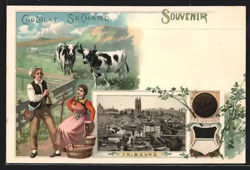 Lithographie Fribourg, Panorama, Bauernpaar mit Kühen, Reklame für Chocolat Suchard