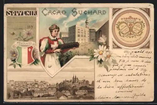 Lithographie Neuchatel, Kakao Suchard, Dame in schweizer Tracht, Ortsansicht, Wappen