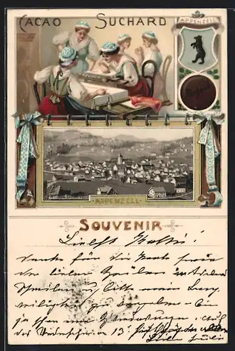 Lithographie Appenzell, Gesamtansicht, Weberinnen in Trachten, Wappen