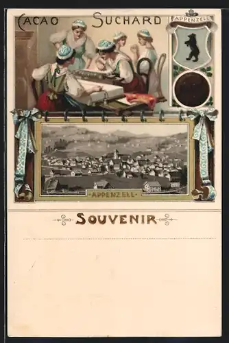 Lithographie Appenzell, Gesamtansicht, Weberinnen in Trachten, Wappen