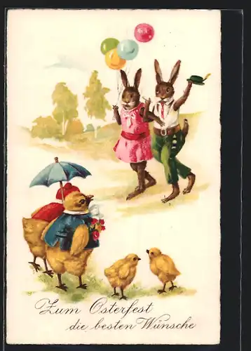 AK Osterhasenpaar trifft auf Osterküken Familie