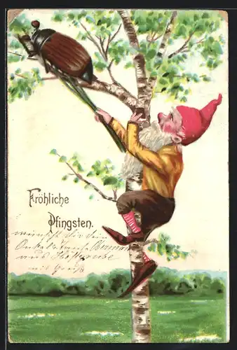 Künstler-AK Pfingsten, Zwerg und Maikäfer auf einem Baum