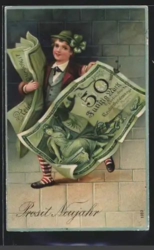 AK Knabe mit Geldscheinen - Neujahrsgruss