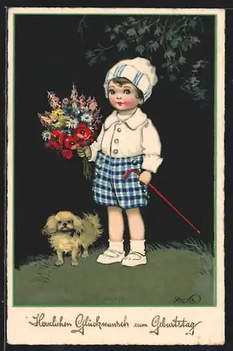 Künstler-AK Fritz Baumgarten: Junge mit Blumen und Hund, Geburtstagsgruss