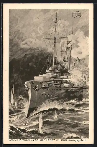 Künstler-AK Arthur Thiele: Kriegsschiff Von der Tann im Aufklärungsgefecht