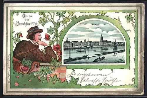 Passepartout-Lithographie Frankfurt a. M., Ortsansicht mit Dampfer