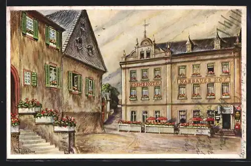 Künstler-AK Linz am Rhein, Edenshotel, Restaurant Nassauer Hof