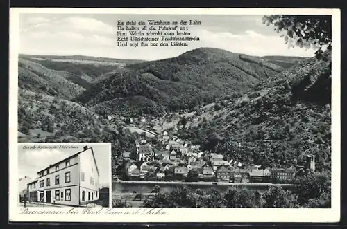 AK Dausenau, altes hist. Wirtshaus, Blick zum Ort in den Bergen