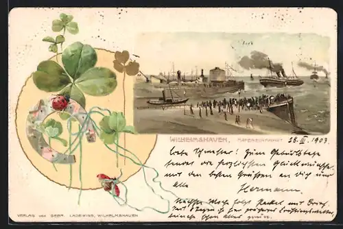 Lithographie Wilhelmshaven, Dampfer in der Hafeneinfahrt, Glücksklee und Hufeisen