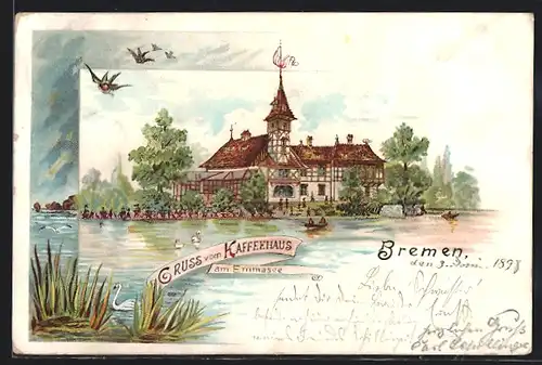 Lithographie Bremen, Gasthaus am Emmasee