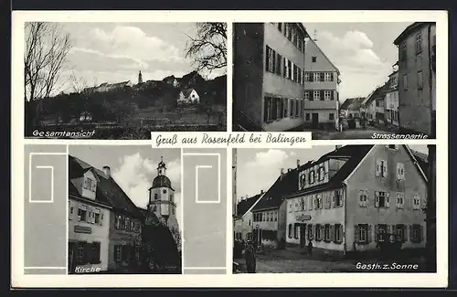 AK Rosenfeld, Gasthaus zur Sonne, Strassenpartie, Kirche, Gesamtansicht