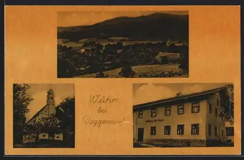 AK Wühn b. Deggendorf, Gasthaus von Alois Klimmer, Kirche, Ortsansicht
