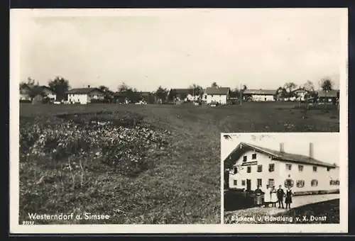 AK Westerndorf a. Simsee, Bäckerei u. Handlung v. X. Dunst, Ortsansicht