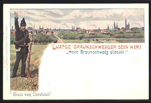 Lithographie Braunschweig, Soldat in Uniform, Ortsansicht