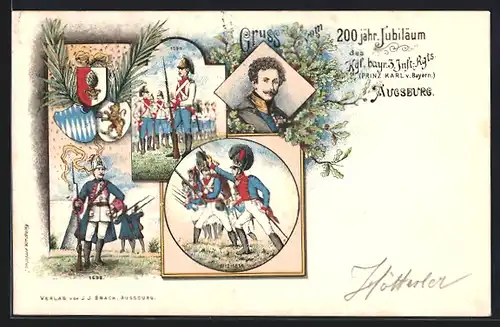 Lithographie Augsburg, Kgl. bayr. 3. Inft.-Regiment, 200-jähriges Jubiläum, Soldaten in Uniform