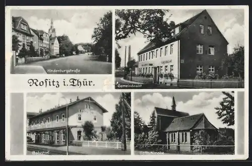 AK Rositz i. Thür., Bahnhof, Gemeindeamt, Kath. Kirche, Hindenburgstrasse