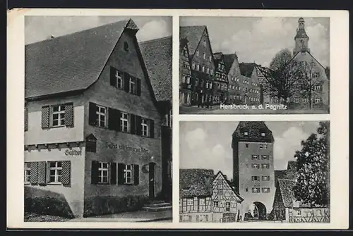 AK Hersbruck a. d. Pegnitz, Gasthof zum schwarzen Adler, Tor, Ortspartie