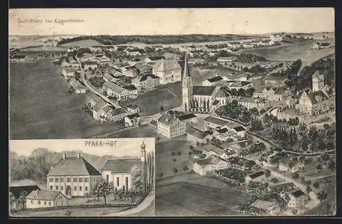 AK Schönau, Totalansicht aus der Vogelschau, Pfarr-Hof