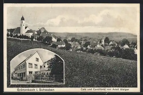 AK Grönebach i. Schwaben, Cafe und Konditorei von Adolf Staiger, Teilansicht mit Kirche