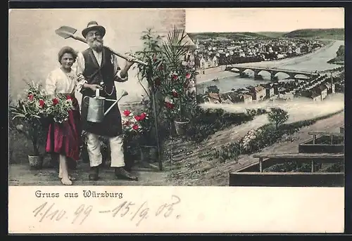 AK Würzburg, Teilansicht mit Brücke, Gärtnerpaar mit Giesskanne