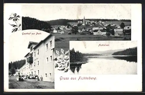 AK Fichtelberg /Fichtelgebirge, Gasthof zur Post, Ortsansicht, Fichtelsee