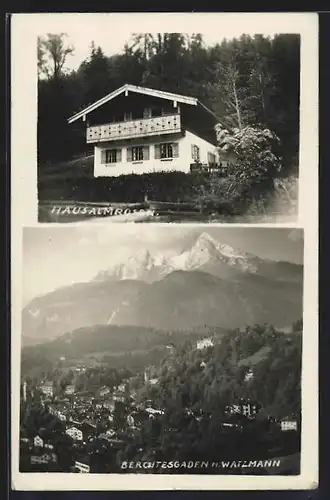 AK Berchtesgaden, Hotel Haus Almrosen, Teilansicht mit Watzmann