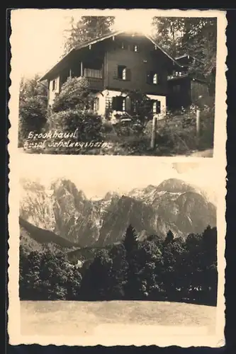 AK Berchtesgaden, Hotel Brookhäusl, Ortspartie mit Bergen