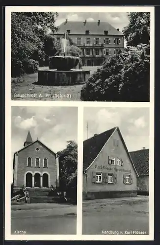 AK Bauschlott A. Pf., Handlung von Karl Flösser, Schloss mit Brunnen, Kirche