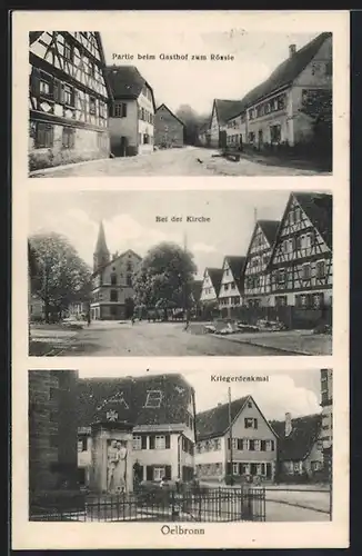 AK Oelbronn, Strassenpartie mit Gasthof zum Rössle, Bei der Kirche, Kriegerdenkmal