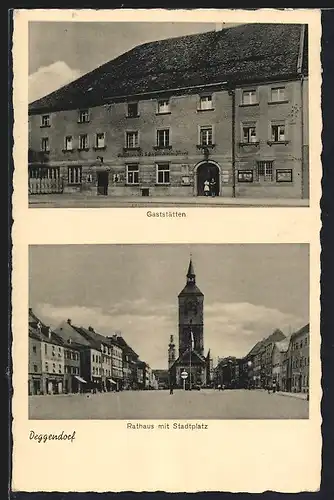 AK Deggendorf, Rathaus mit Stadtplatz, Gaststätten der Schlossbrauerei Moos