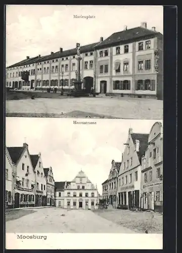 AK Moosburg, Herrnstrasse mit Geschäften, Marienplatz mit Denkmal