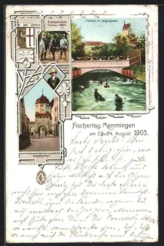 Lithographie Memmingen, Volksfest Fischertag 1905, Westertor, preisgekrönte Fischer 1904, Fischerkönig 1904