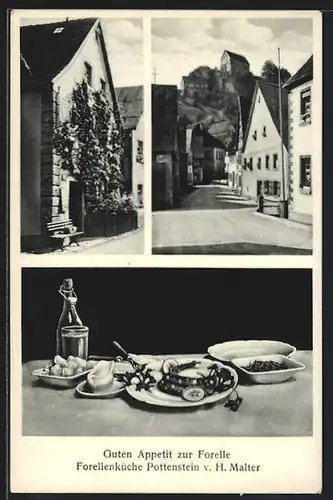 AK Pottenstein v. H. Malter, Gasthaus zur Forelle, Strassenpartie, Gedeckter Tisch