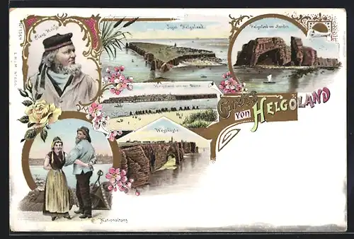 Lithographie Helgoland, Totalansicht, Ansicht von der Düne, Westküste