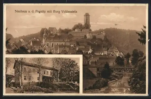 AK Neuhaus a.d. Pegnitz, Gasthaus Rossbacher, Ortsansicht mit Burg Veldenstein